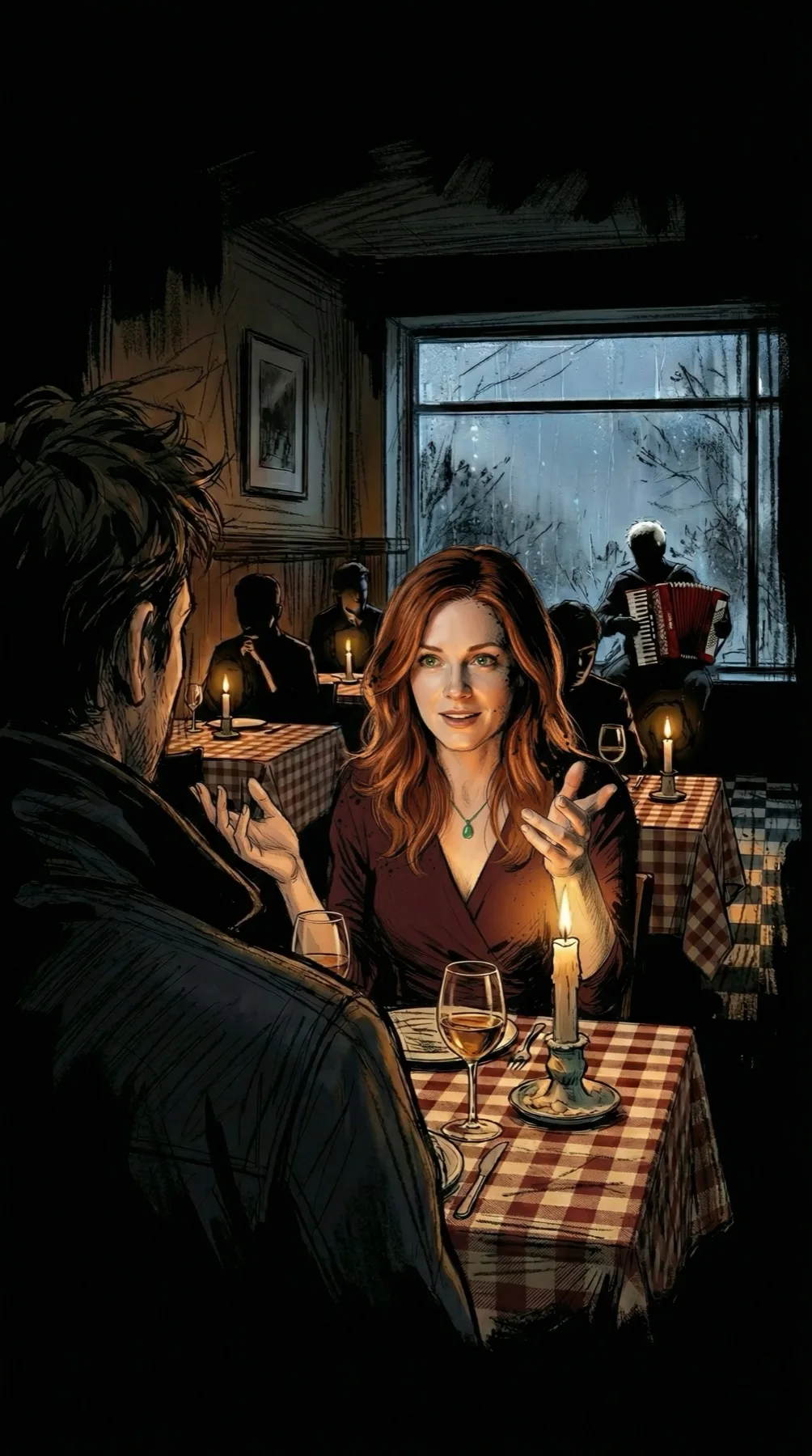 Claire talks across a candlelit restaurant table while an accordion player performs in the rain-darkened window.