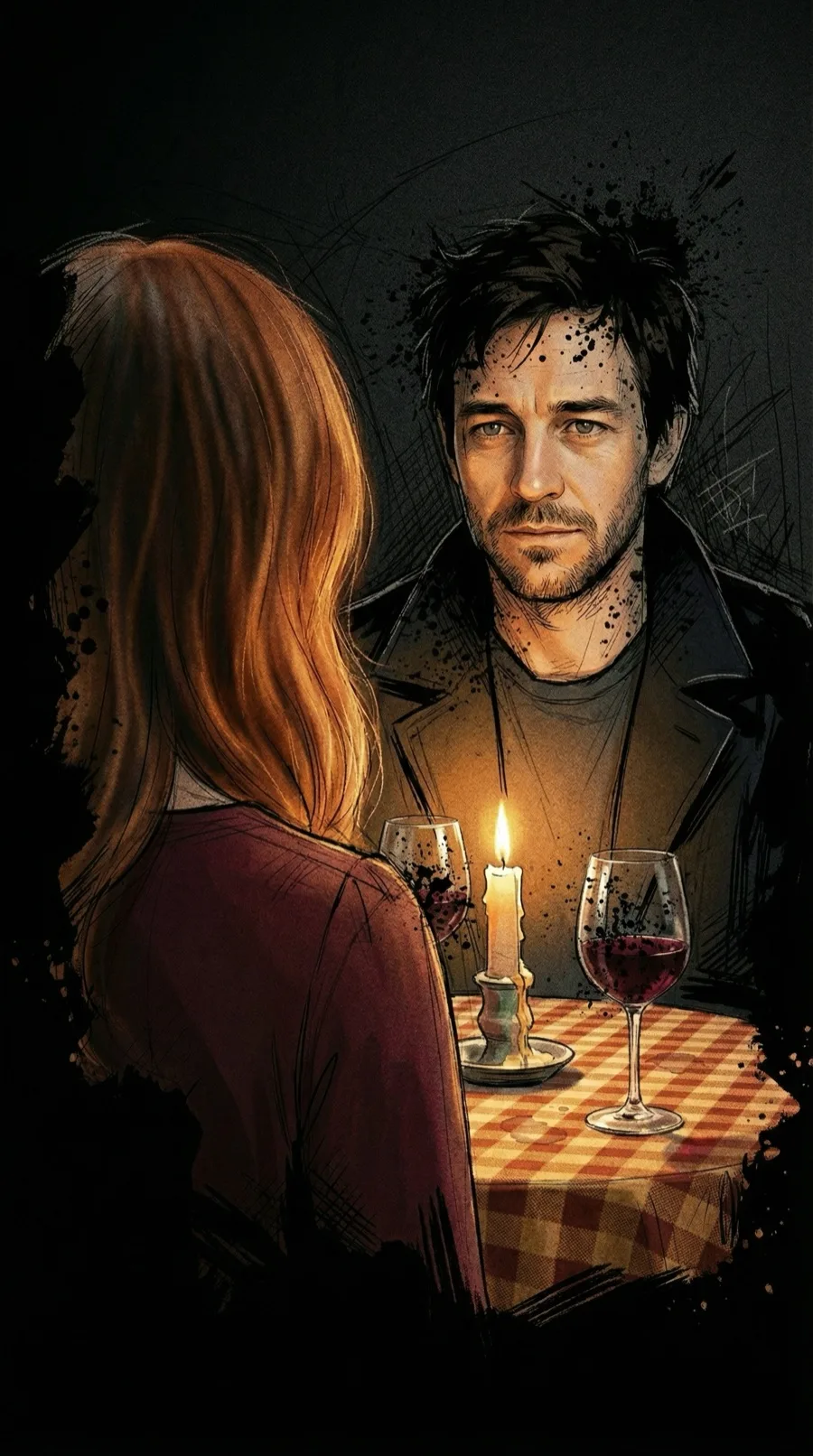 Jack and Claire at a candlelit restaurant table