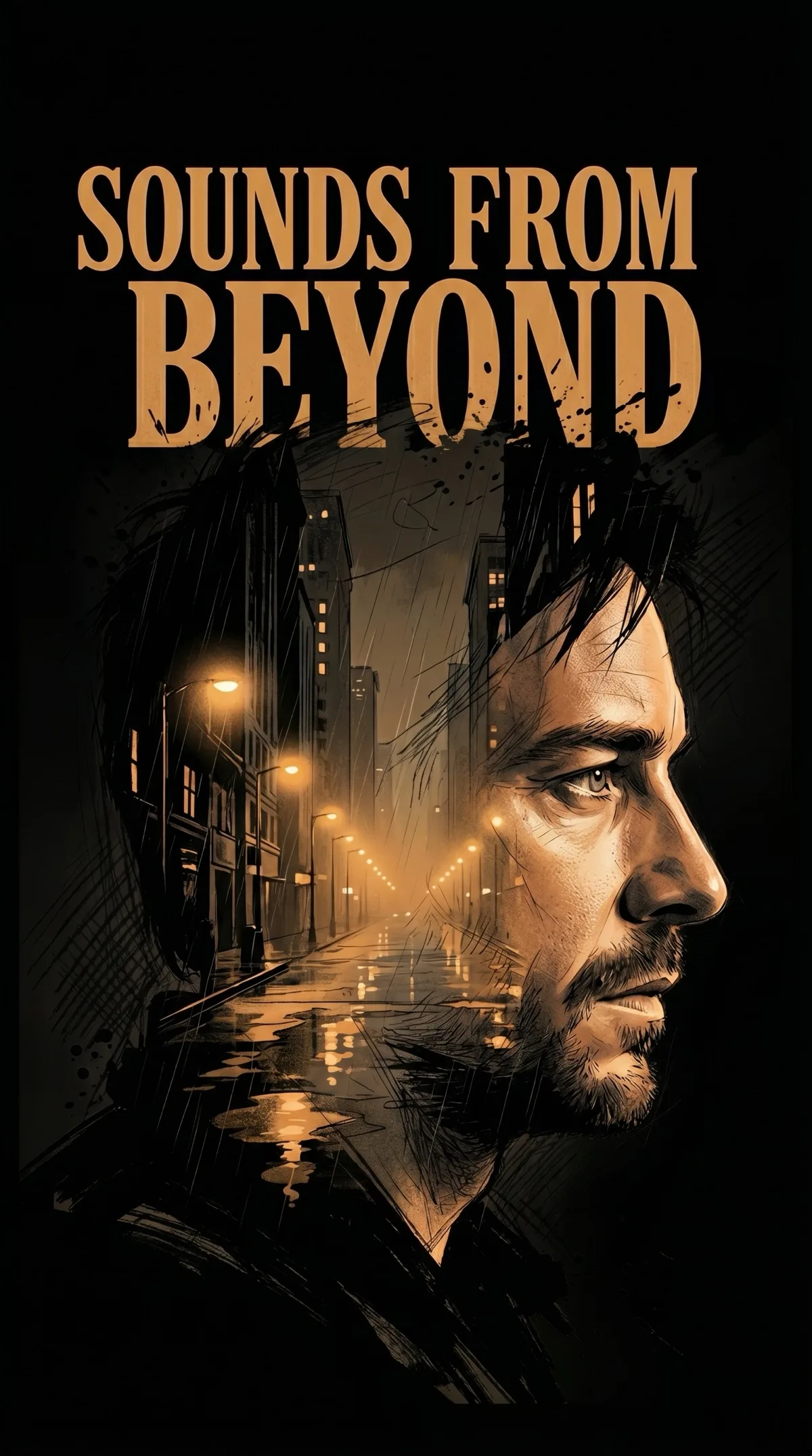 The Sounds from Beyond title above Jack's profile and a rain-darkened city street.